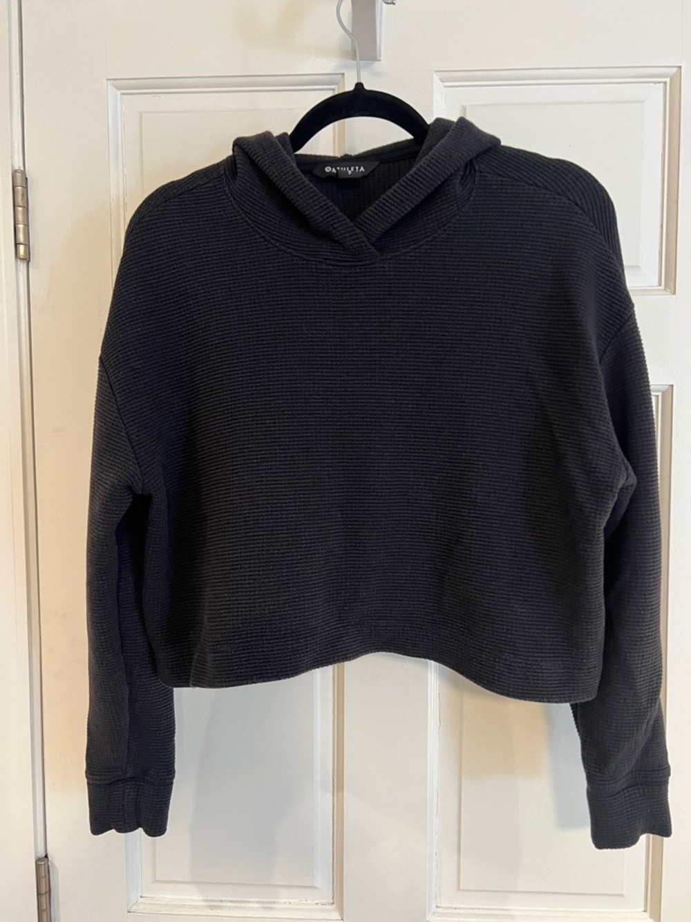 Athleta Black Cropped Waffle-Knit Hooded Sweatshirt